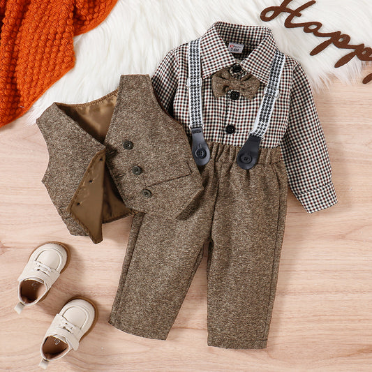 Boys' 3pcs Houndstooth Shirt Collar Set