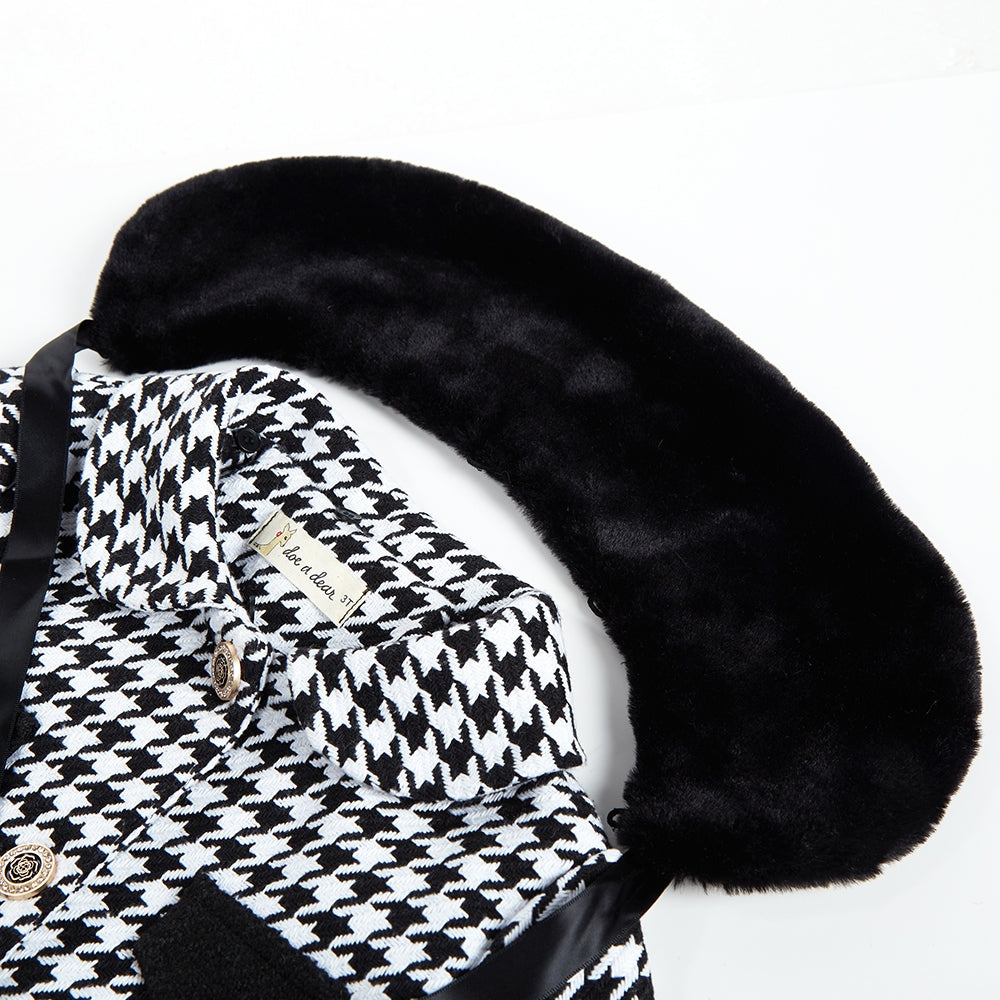 Girls' Faux Fur Collar Houndstooth Coat