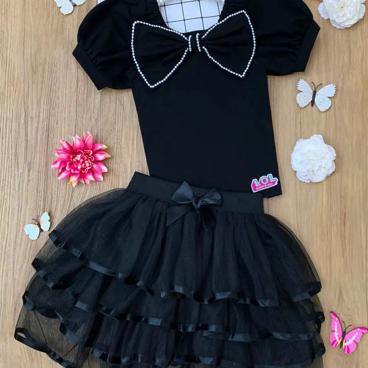 Girls' Tiered Skirt & Bow Top Set Black
