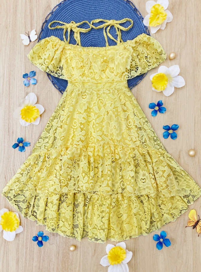 Girls' Yellow Floral Lace Hi Lo Cold Shoulder Maxi