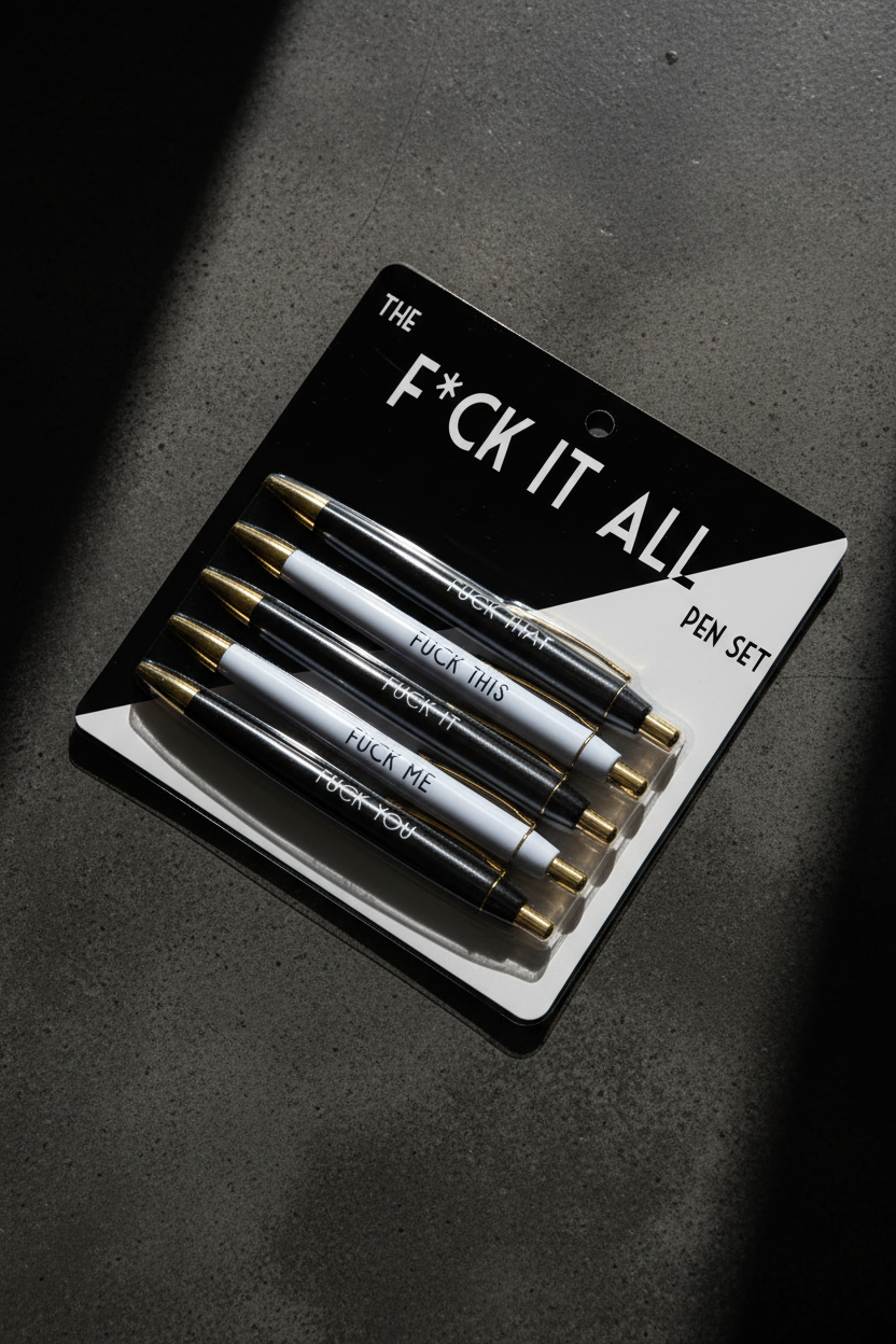 The F*ck It All pen set editorial photography with dramatic lighting - bold statement stationery photography