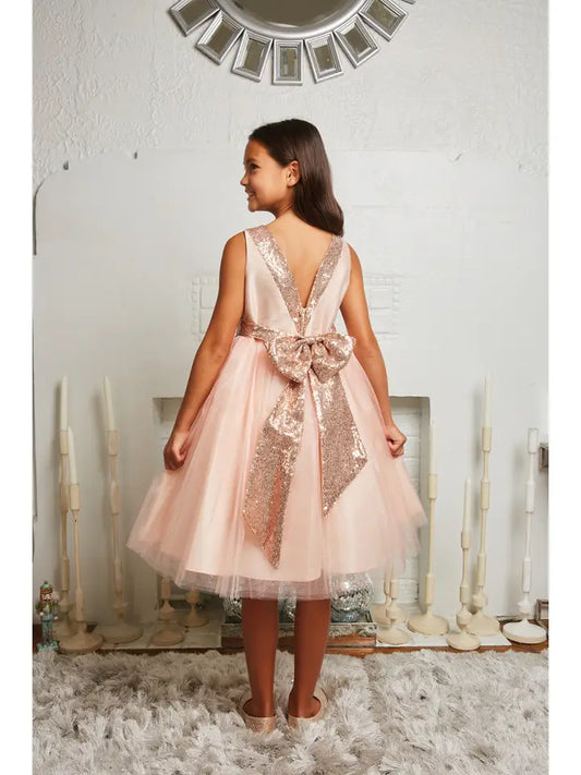 Girls' Rose Gold Sequin Back V Dress