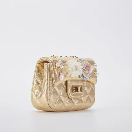 Girls' Floral Appliques Metallic Quilted Purse