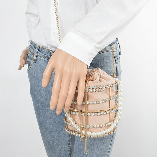 Rhinestone & Pearl Metal Frame Clutch  - Tube
