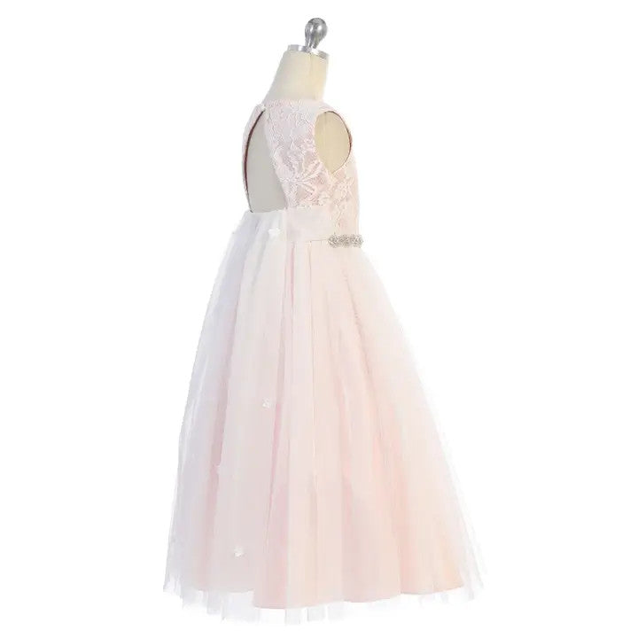 Girls' Lace Top Glitter Tulle Gown w/Back Cut-Out