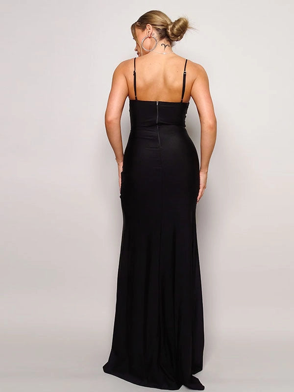 Black Sequin Corset Maxi Dress with Spaghetti Straps