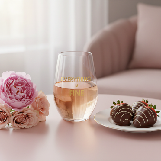 Feminine image of Everything is Fine wine glass with chocolate strawberries