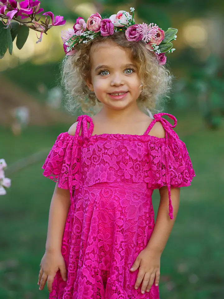 Girls' Pink Floral Lace Hi Lo Cold Shoulder Maxi