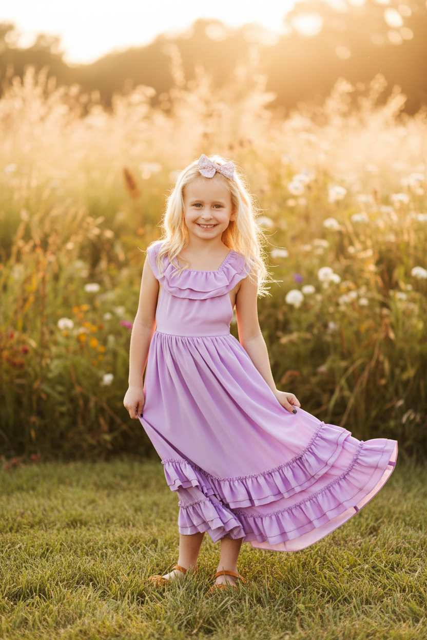 Girls Lavender Ruffle Maxi Dress
