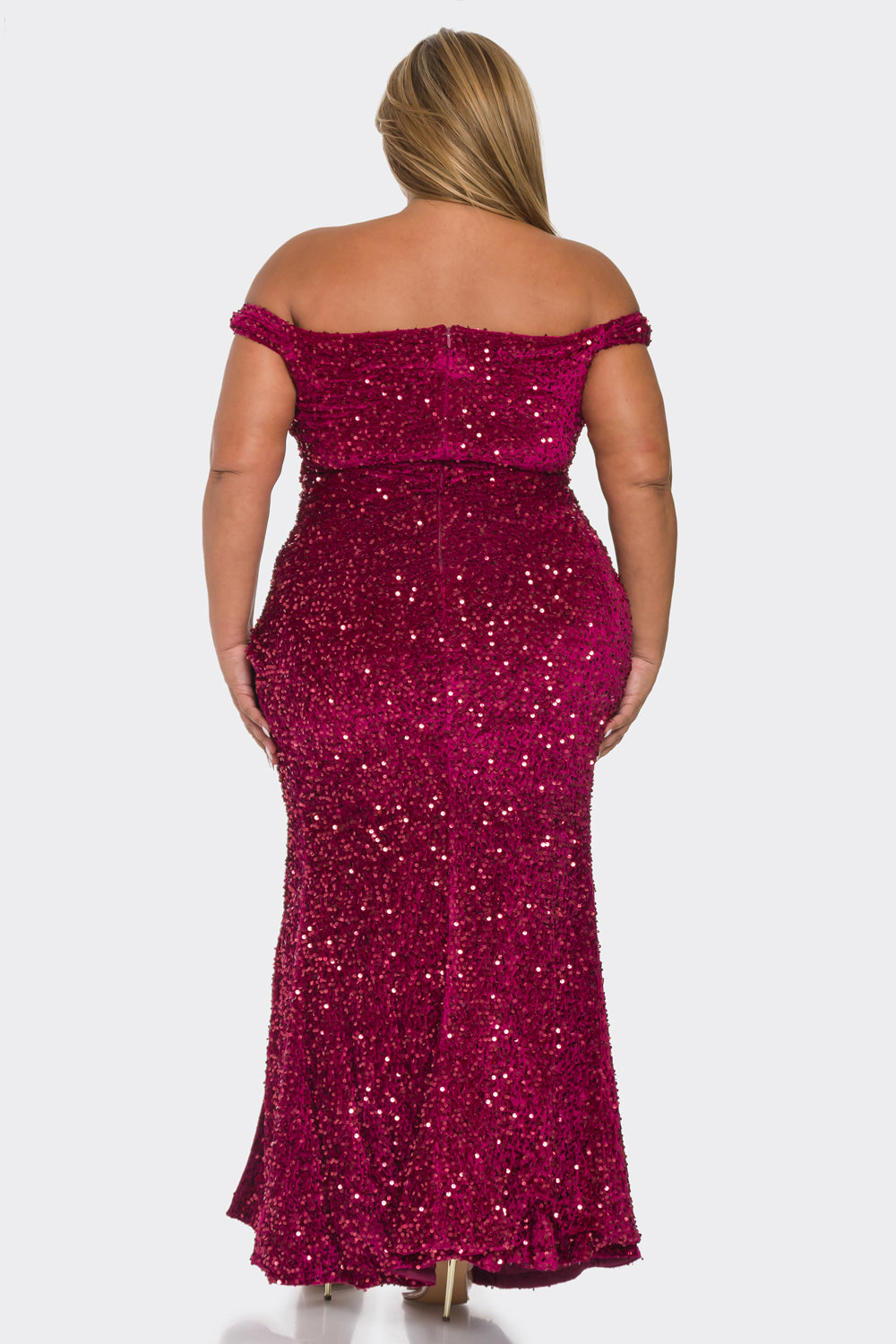 Sequin Velvet Off-the-Shoulder Gown w/Slit - PLUS