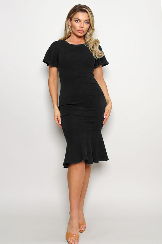 Black Flutter Sleeve Trumpet Midi Dress