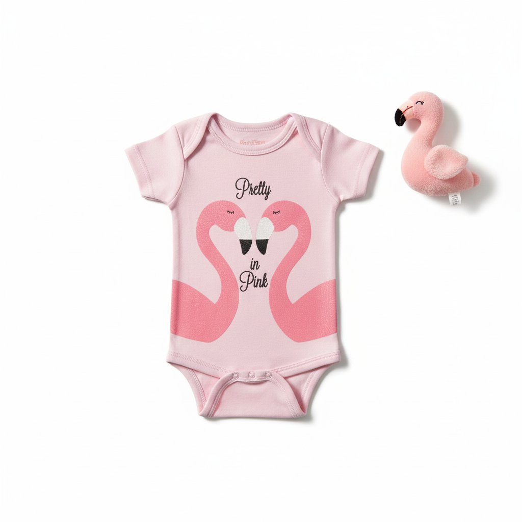 Flat lay of pink Pretty in Pink flamingo baby onesie with flamingo plush toy on white background
