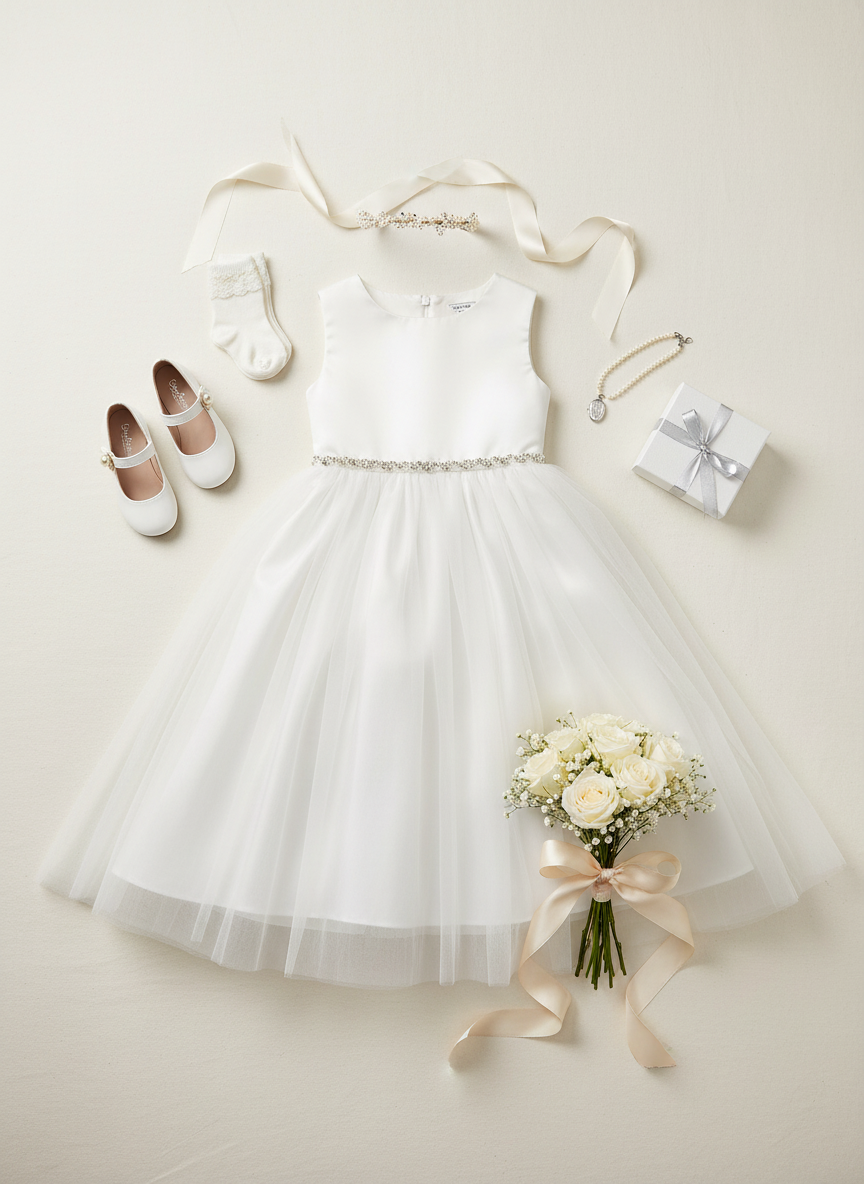 Flat Lay - Girls' White Formal Dress with pearl embellishment