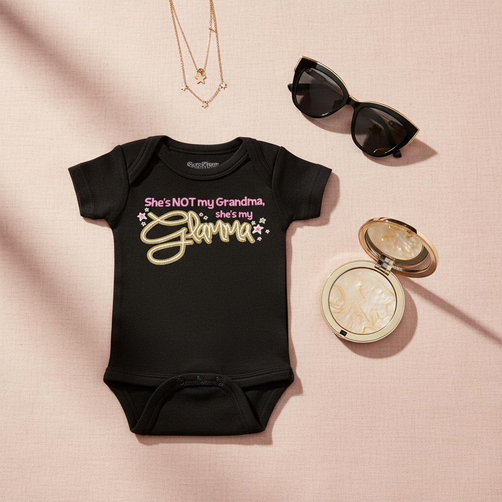 Flat lay of black Glamma onesie on marble with chic sunglasses, gold jewelry, and pink lipstick