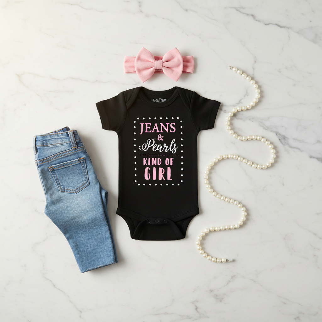 "Jeans & Pearls Kind of Girl" onesie flat lay on marble with white pearls to the side, baby denim jeans, and pink headband
