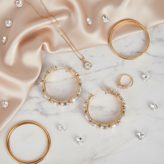 Emerald-cut cubic zirconia XL gold hoop earrings styled on white marble with champagne silk fabric and luxury accessories