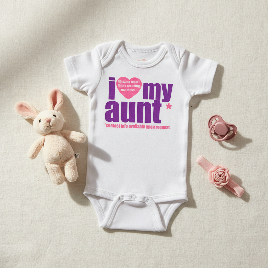 White "I Love My Aunt" baby onesie flat lay on marble with plush toy, pink pacifier, and baby headband