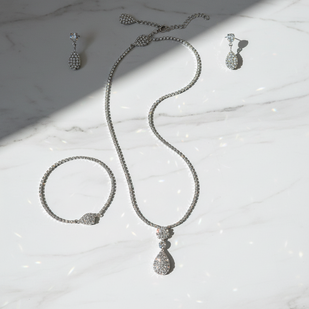 Flat lay of matching CZ jewelry set with correct bracelet