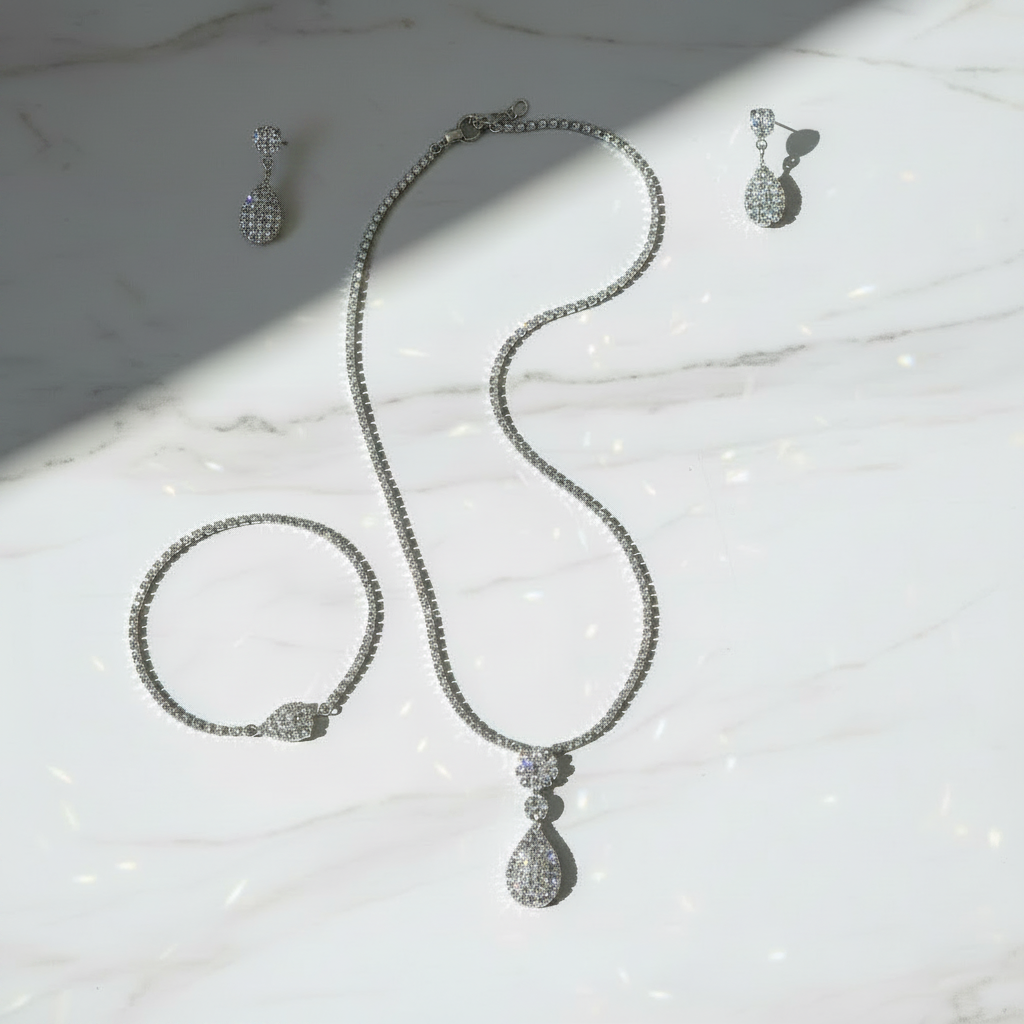 Silver CZ Pear Drop Jewelry Set – Necklace, Earrings & Bracelet