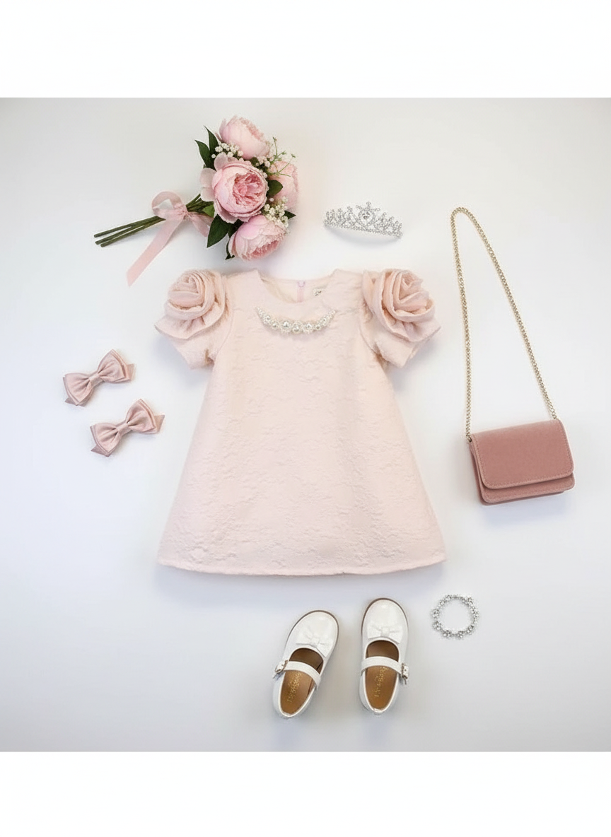 Flat lay of blush pink floral brocade girls' dress with pearl collar and rosette sleeves styled with Mary Jane shoes, hair accessories, small purse, and pink flowers on white background