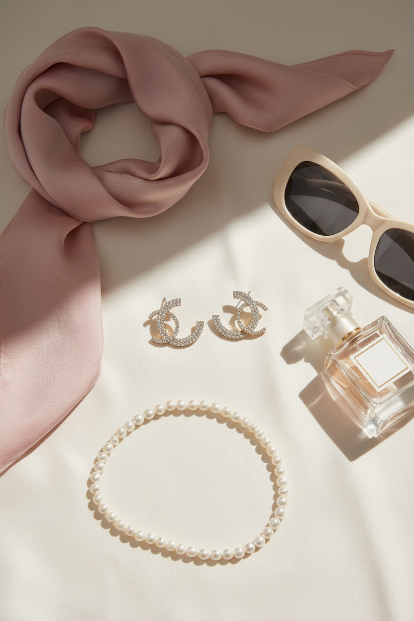 Flat lay of rhinestone C stud earrings styled with luxury accessories including silk scarf, pearls, and sunglasses on neutral background