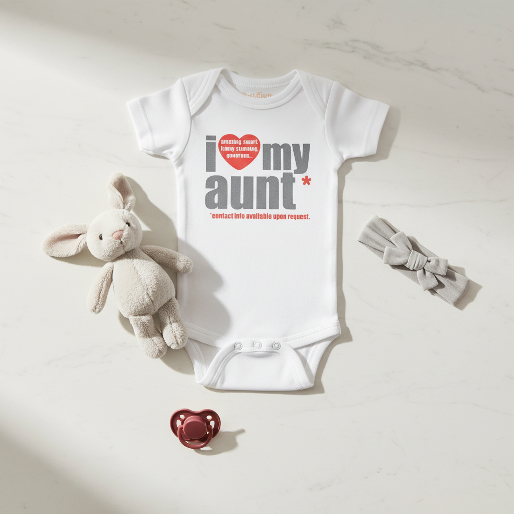 White "I Love My Aunt" onesie on marble with teddy bear, red pacifier, and baby headband



