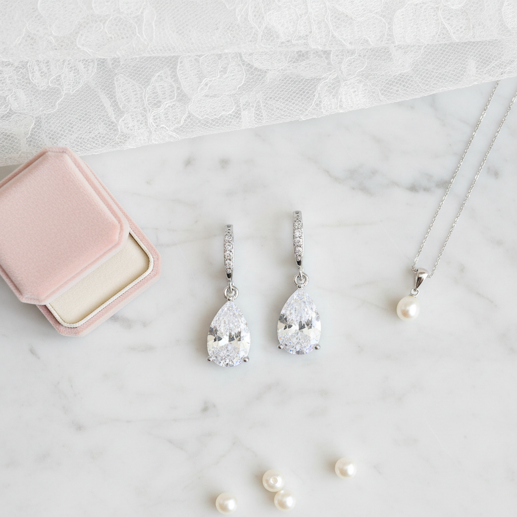 Elegant flat lay featuring pear-shaped cubic zirconia drop earrings in silver with sparkling teardrop CZ stones, styled with bridal accessories on white marble surface