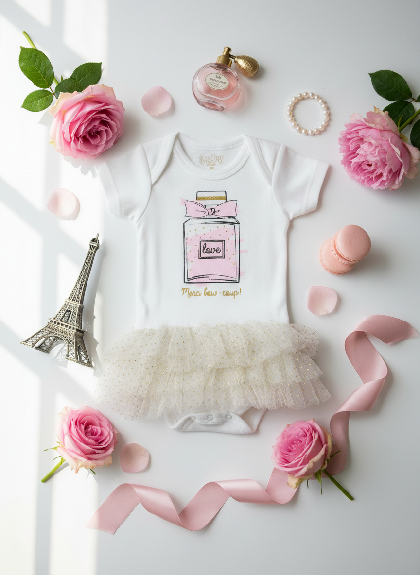 Close-up of tutu skirt detail on white baby dress" or "Pink perfume bottle design on white baby onesie tutu dress