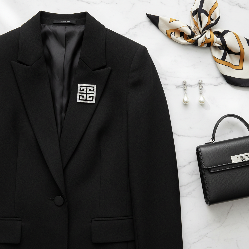 Silver Greek key rhinestone brooch styled on black blazer lapel with pearl earrings, geometric silk scarf, and designer clutch on white marble surface, luxury fashion flat lay