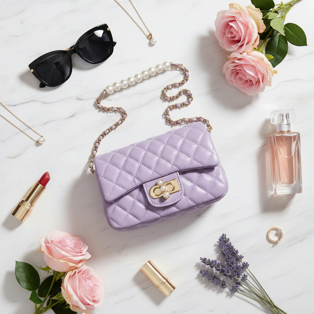 Lavender quilted girls purse flat lay with luxury accessories including sunglasses, lipstick, and flowers on marble surface
