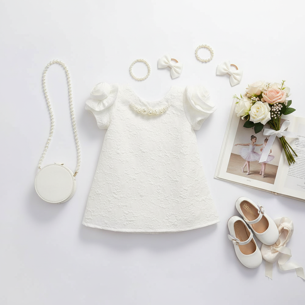 Floral brocade dress flat lay with age-appropriate props