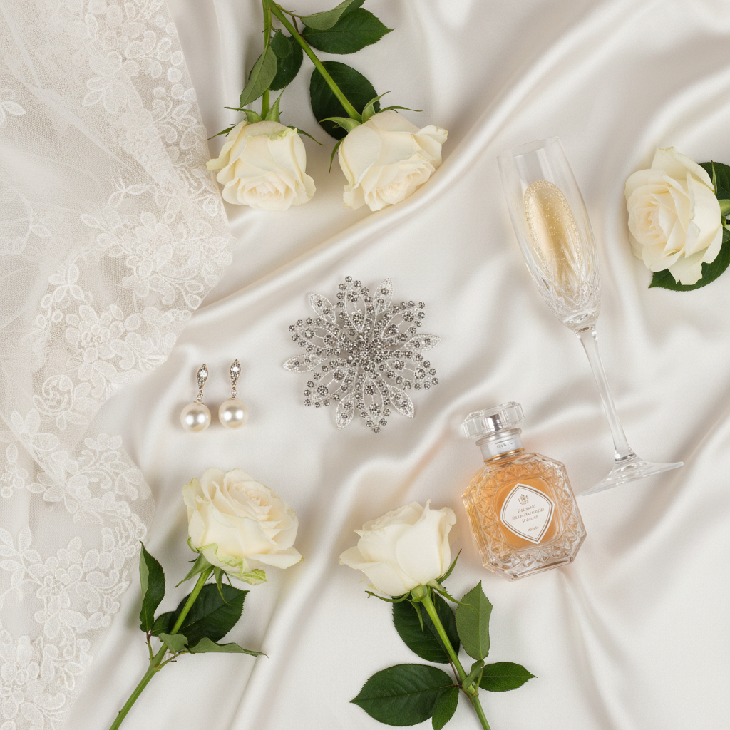 SIlver rhinestone flower brooch on ivory silk with lace veil, pearl earrings, champagne flute, white roses, and vintage perfume bottle, romantic bridal flat lay