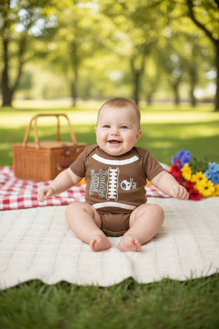 Baby in a football-themed onesie sitting on a blanket outdoors with flowers and a picnic basket.