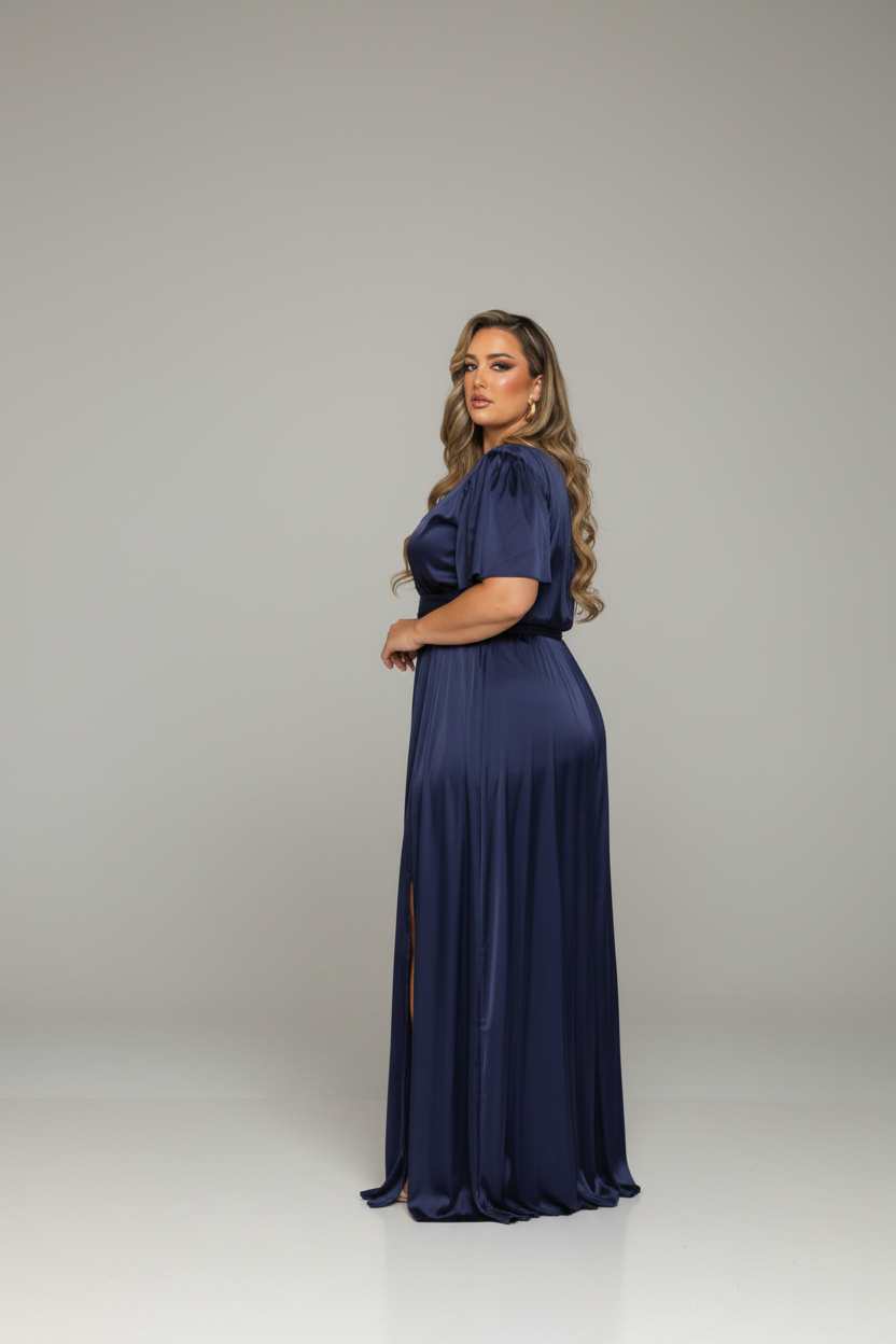 Plus Size Navy Satin Surplice Gown | Flutter Sleeve Tie Waist & Front Slit