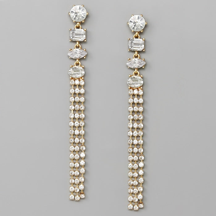 Rhinestone Thread Fringe Statement Earrings
