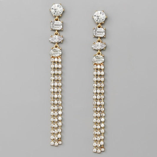 Rhinestone Thread Fringe Statement Earrings