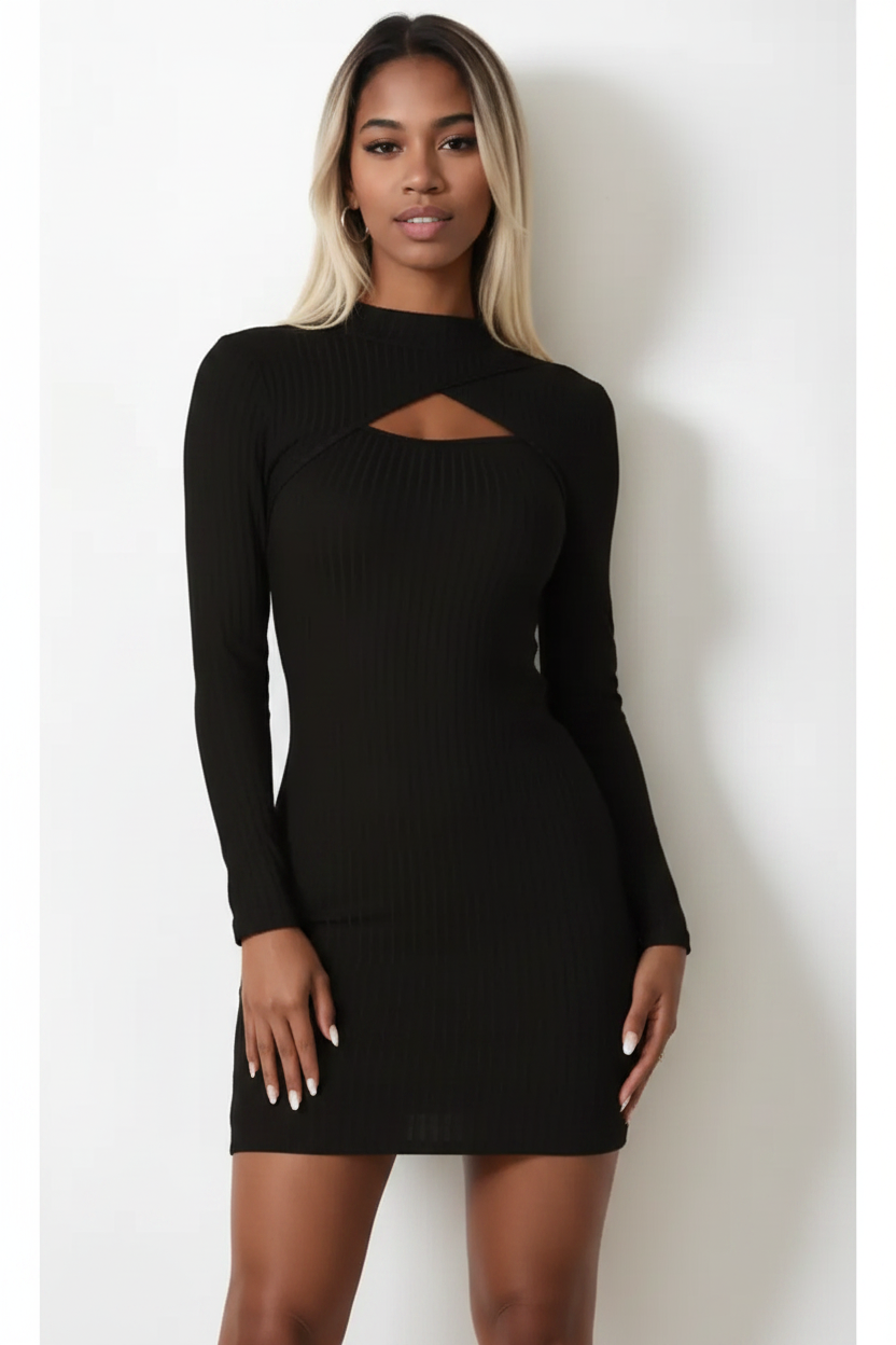 Ribbed Cut Out Front Long Sleeve Bodycon Mini Dress (CAPELLA) Black / M