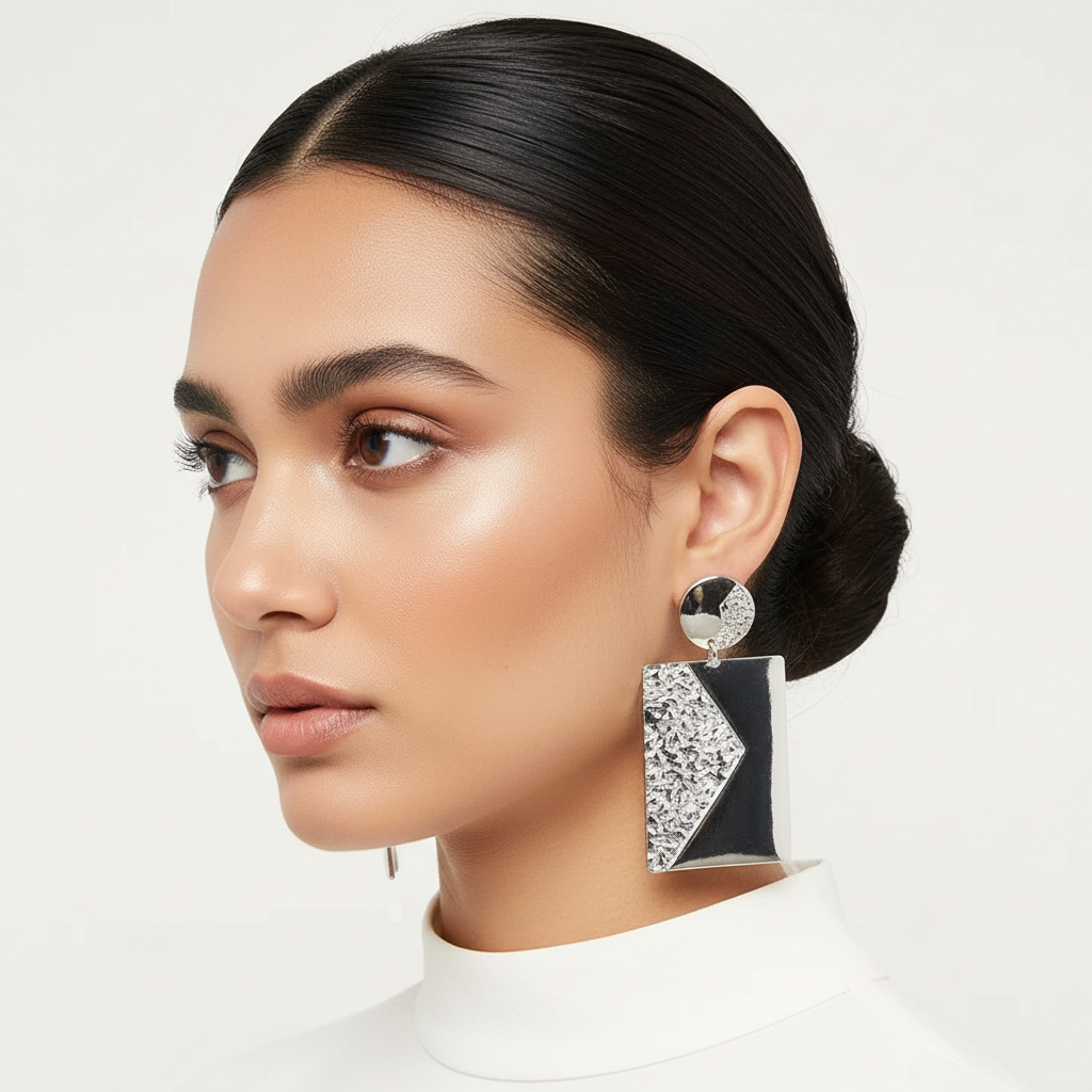 Woman wearing geometric statement earrings with textured and smooth metal panels in gold or silver



