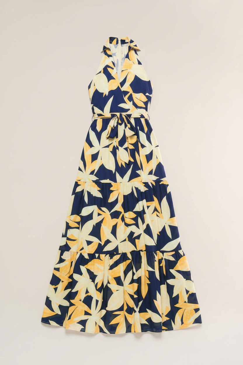 Navy Tropical Leaf Print Halter Maxi Dress