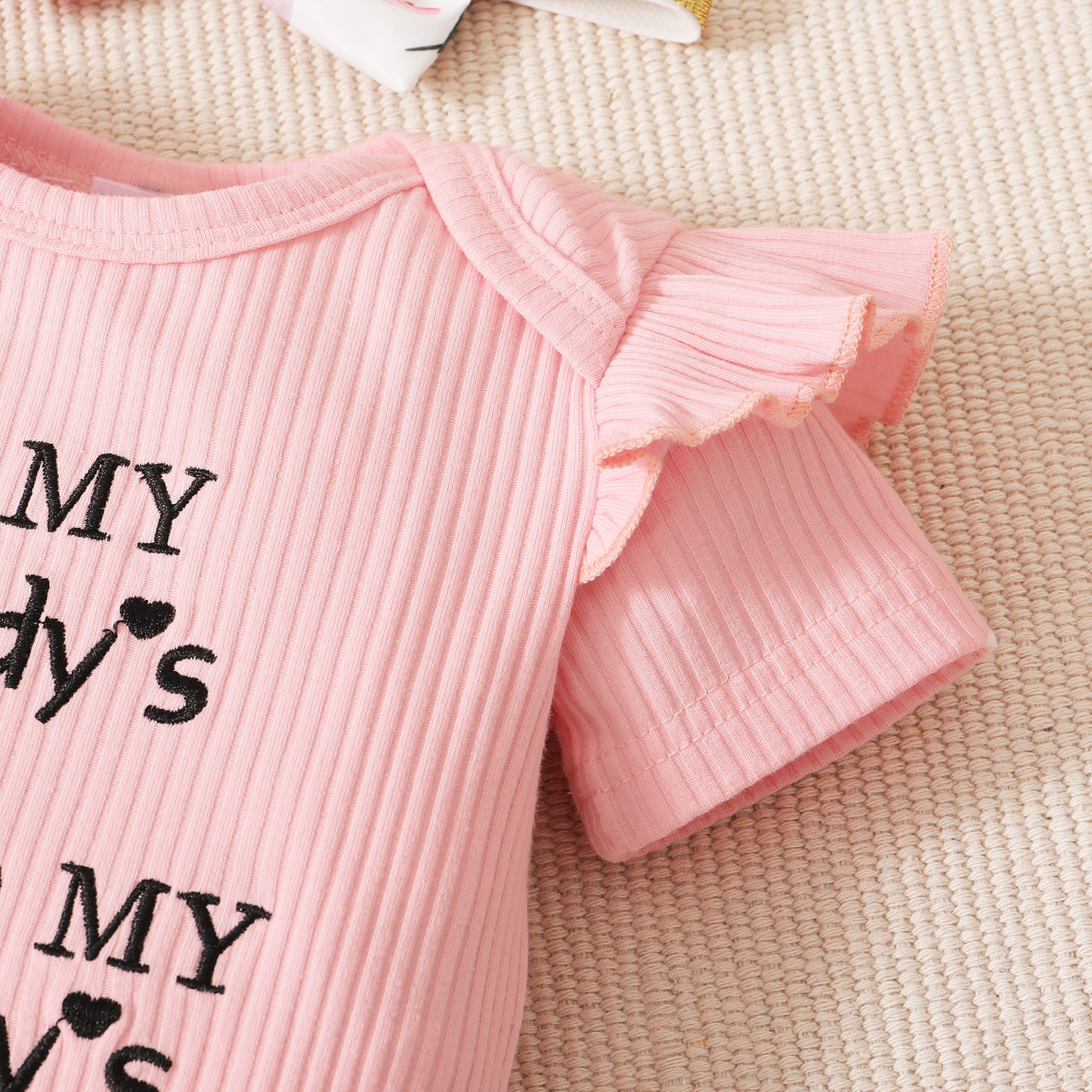 Ribbed 3pcs Letter Embroidery Short-sleeve Romper & Shorts
