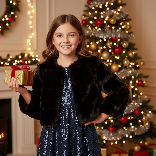 Young girl wearing black faux fur coat at holiday party celebration



