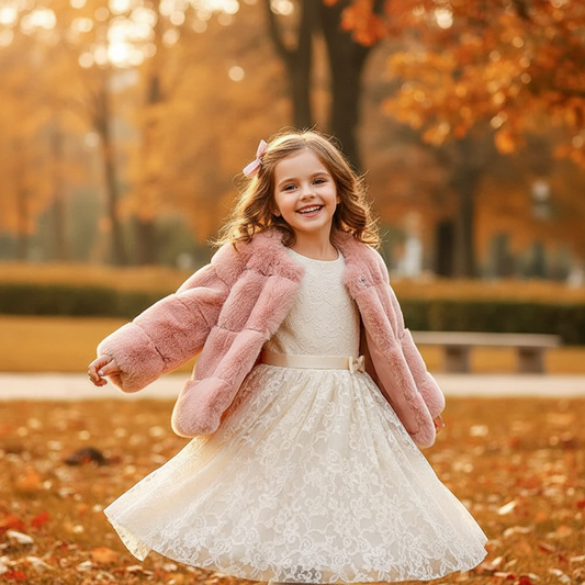 Young girl wearing luxurious blush pink faux fur coat outdoors in elegant setting