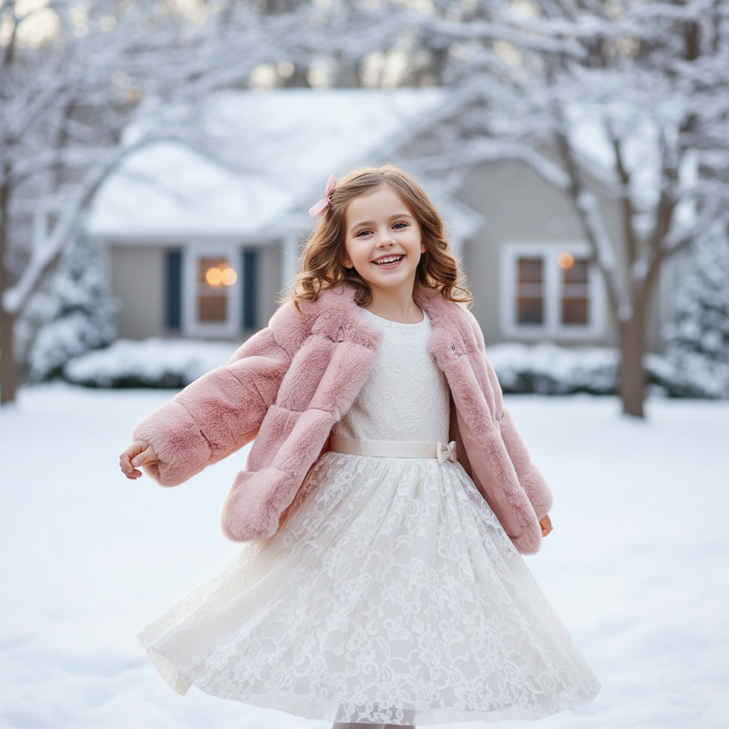 Young girl in a pink coat and white dress standing in the snow with a house in the background.