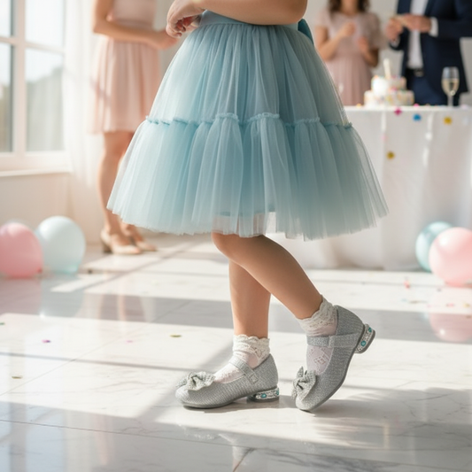 Girl wearing silver glitter Mary Jane dress shoes with rhinestone bow at special occasion