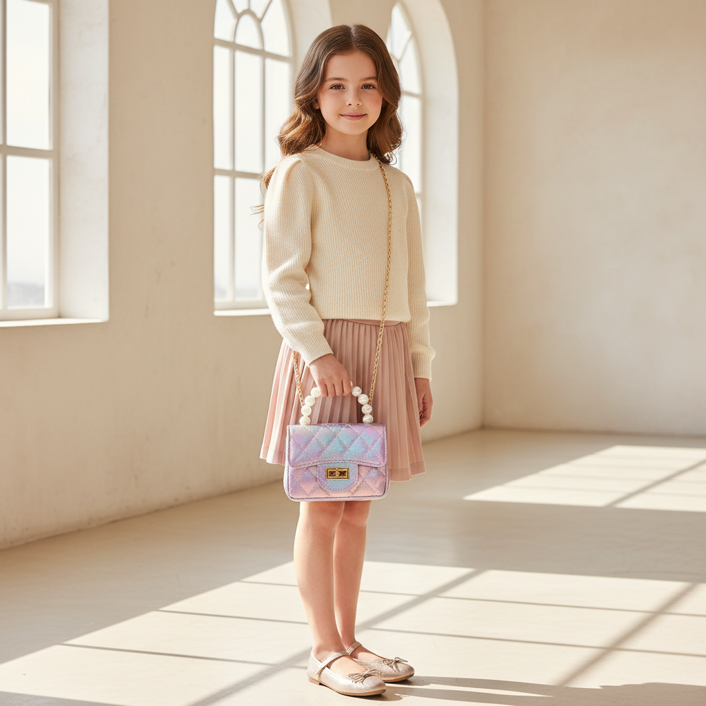 Young girl carrying quilted ombre crossbody purse with pearl handle and gold chain strap