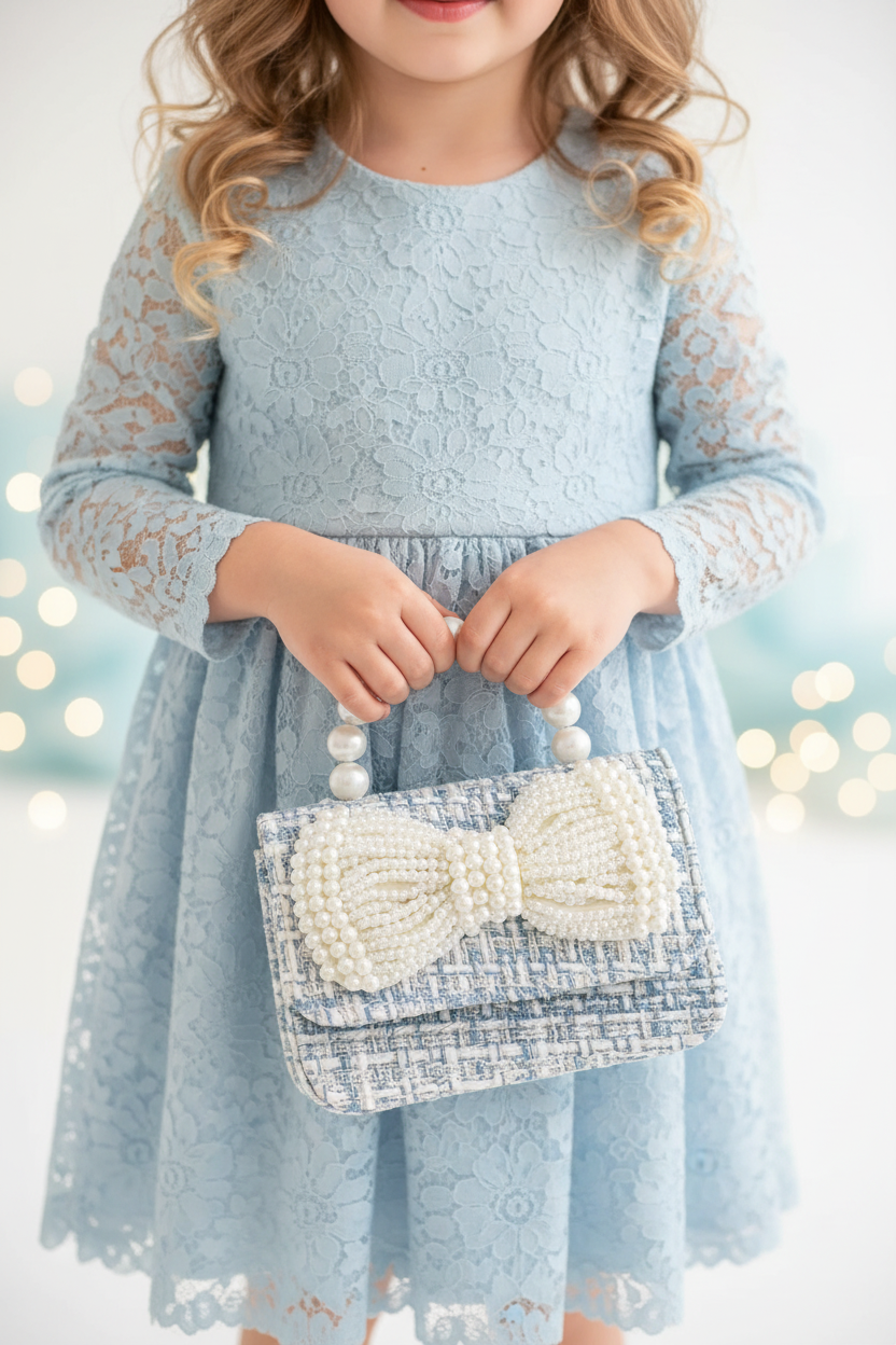 Girls Blue Pearl Bow Tweed Bag Lifestyle