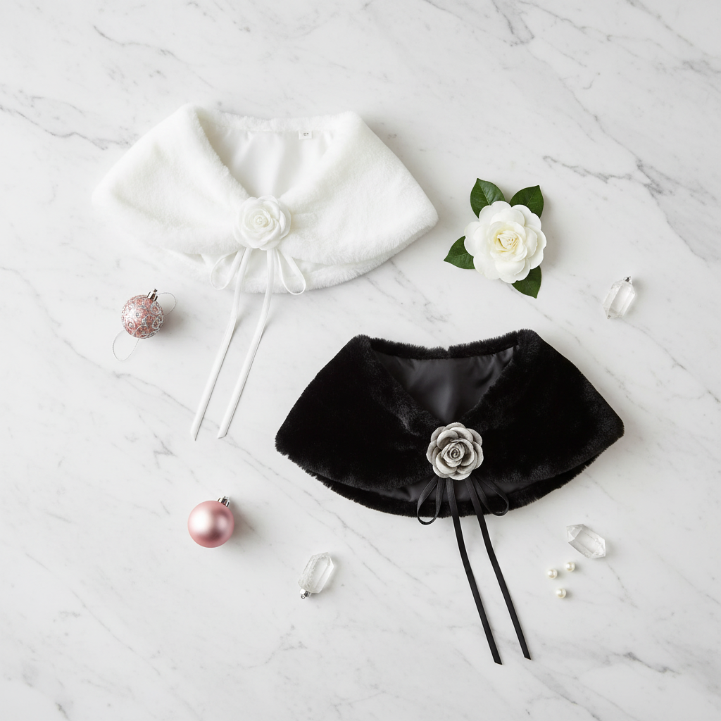 White and black faux fur shawls arranged on white marble background with pink ornaments, silver accents, and crystals