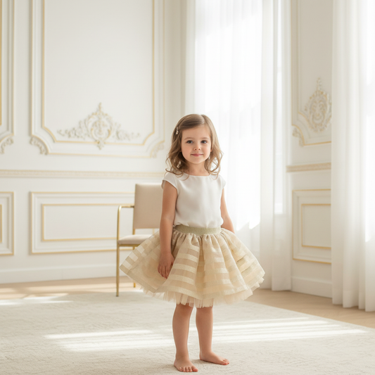 4-year-old girl posing in champagne gold striped tulle tutu skirt against white and gold backdrop



