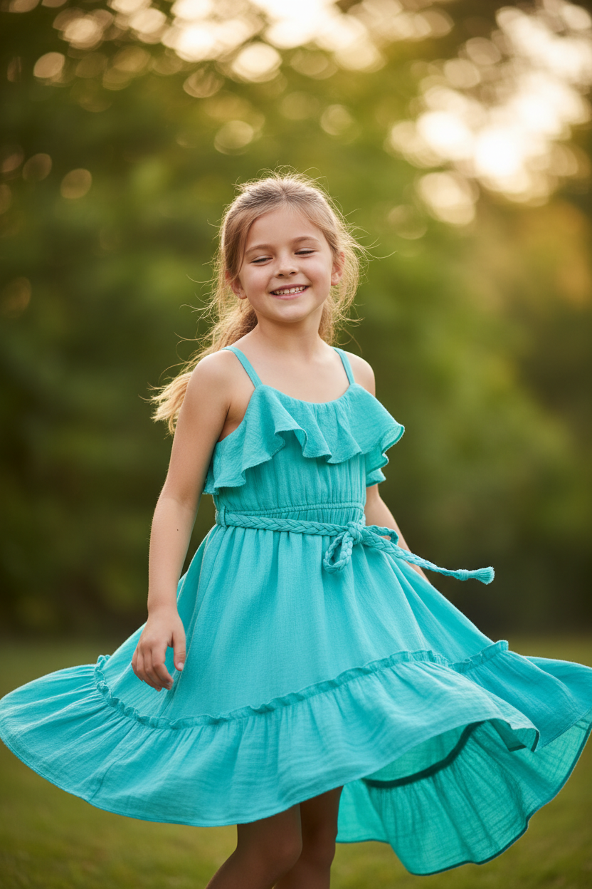 Girls' Hi-Lo Ruffle Dress - Teal