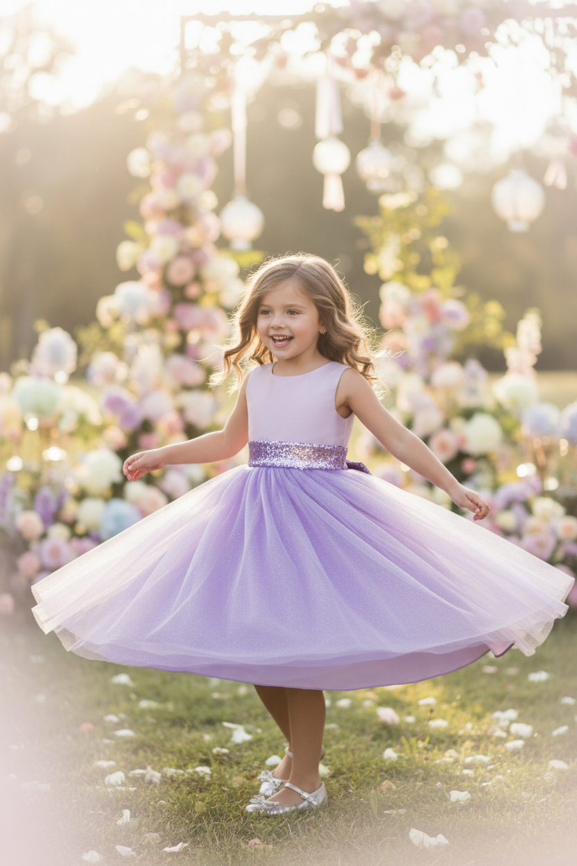 Young girl twirling in lavender dress with glitter tulle skirt and purple sequin bow at celebration, perfect for birthdays and spring parties